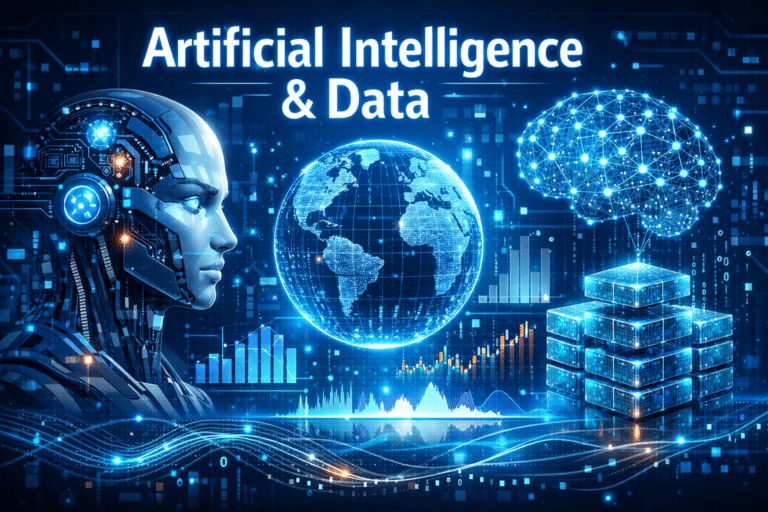 Artificial Intelligence and Data visualization showing AI technology, global data networks, analytics charts, and machine learning concepts