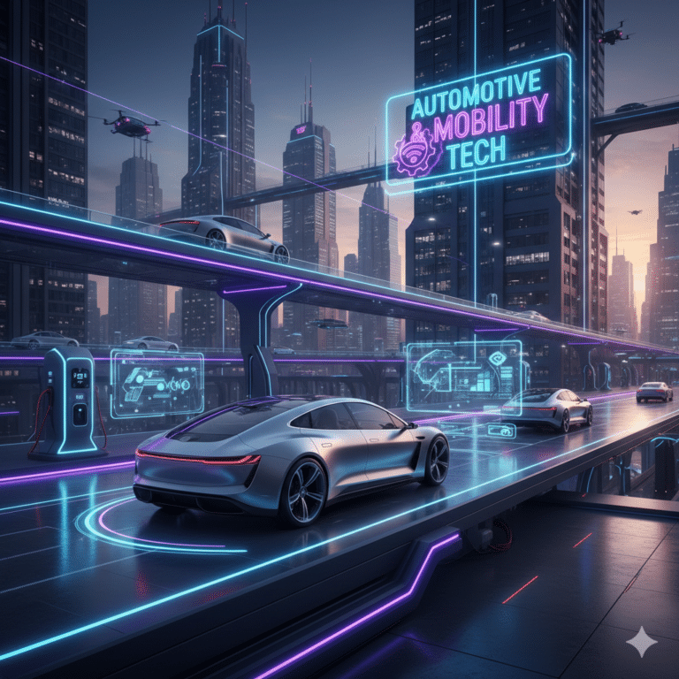 Silver electric concept car on a futuristic high-tech highway with Automotive and Mobility Tech neon signage in a neon-lit smart city.