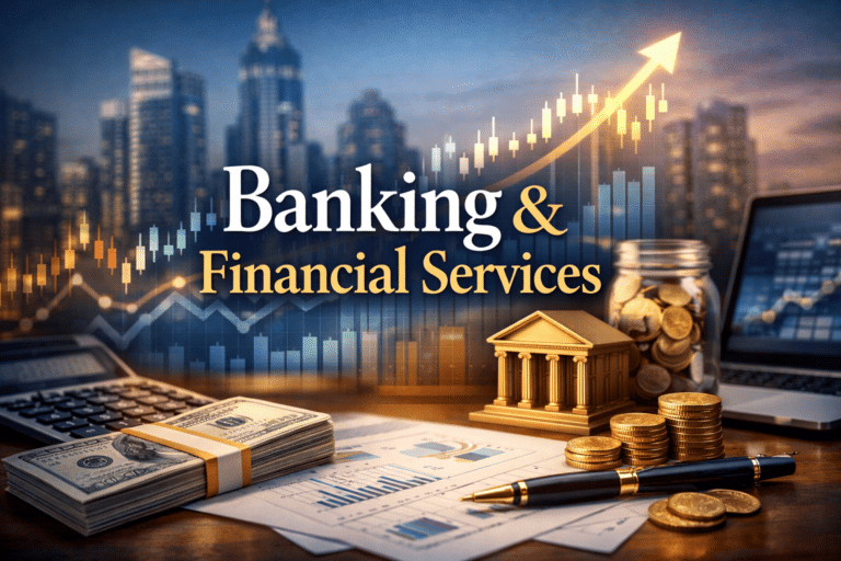 Banking and financial services market trends with digital charts, money, and modern city skyline