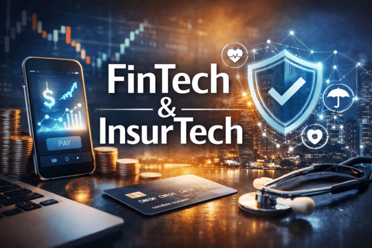 FinTech and InsurTech digital finance technology showing mobile banking, AI analytics, blockchain payments, and insurance platforms