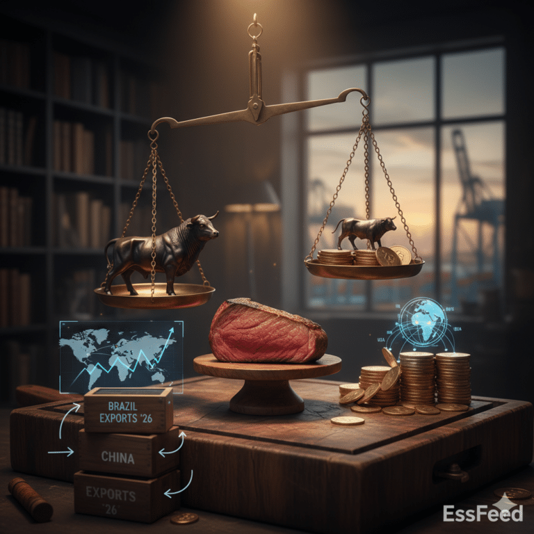 Conceptual 3D illustration of the global beef market in 2026 showing supply and demand scales with a bull and gold coins.