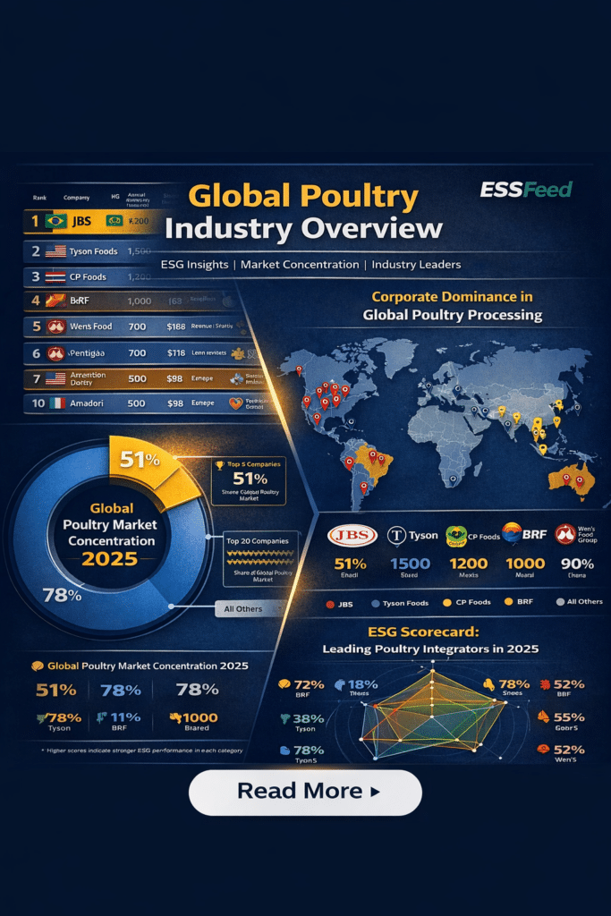 Composite infographic thumbnail preview of the global poultry industry in 2025, showing top 10 integrators, market concentration donut chart, corporate global footprint map, and ESG radar chart. Designed for ESSFeed hub post with click-through to full detailed infographics.
