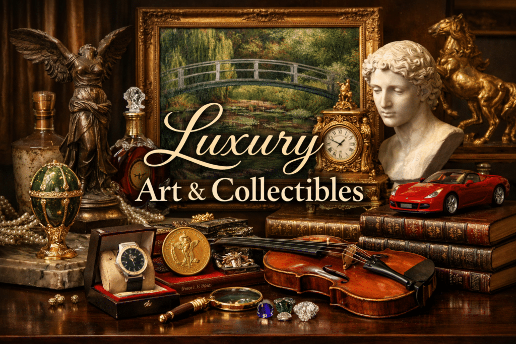 Luxury art and collectibles featuring fine art paintings, rare sculptures, high-end antiques and investment-grade collectible items