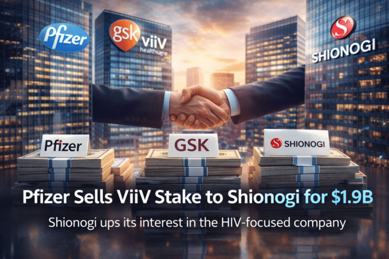 Pfizer sells its ViiV Healthcare stake to Shionogi for $1.9B, with GSK retaining majority ownership, illustrated with stacks of cash, corporate logos, and handshake.