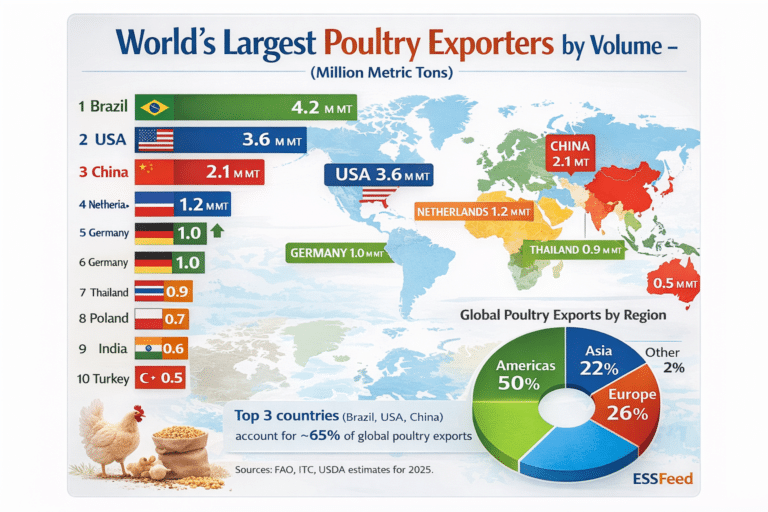 World’s Largest Poultry Exporters by Volume 2025 infographic showing top 10 exporting countries, bar chart, donut chart by region, and global trade insights.