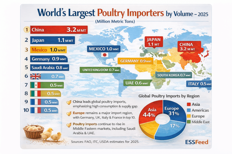 World’s Largest Poultry Importers by Volume 2025 infographic showing top 10 countries, bar chart, and regional donut chart for Asia, Europe, Americas, and Middle East.