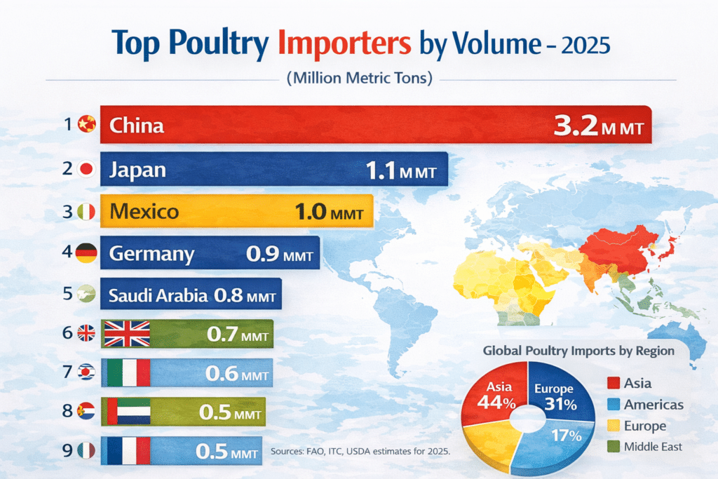Explore the world’s top poultry importing countries in 2025 with this detailed infographic. Includes top 10 nations, bar chart, regional import share, and key market insights.