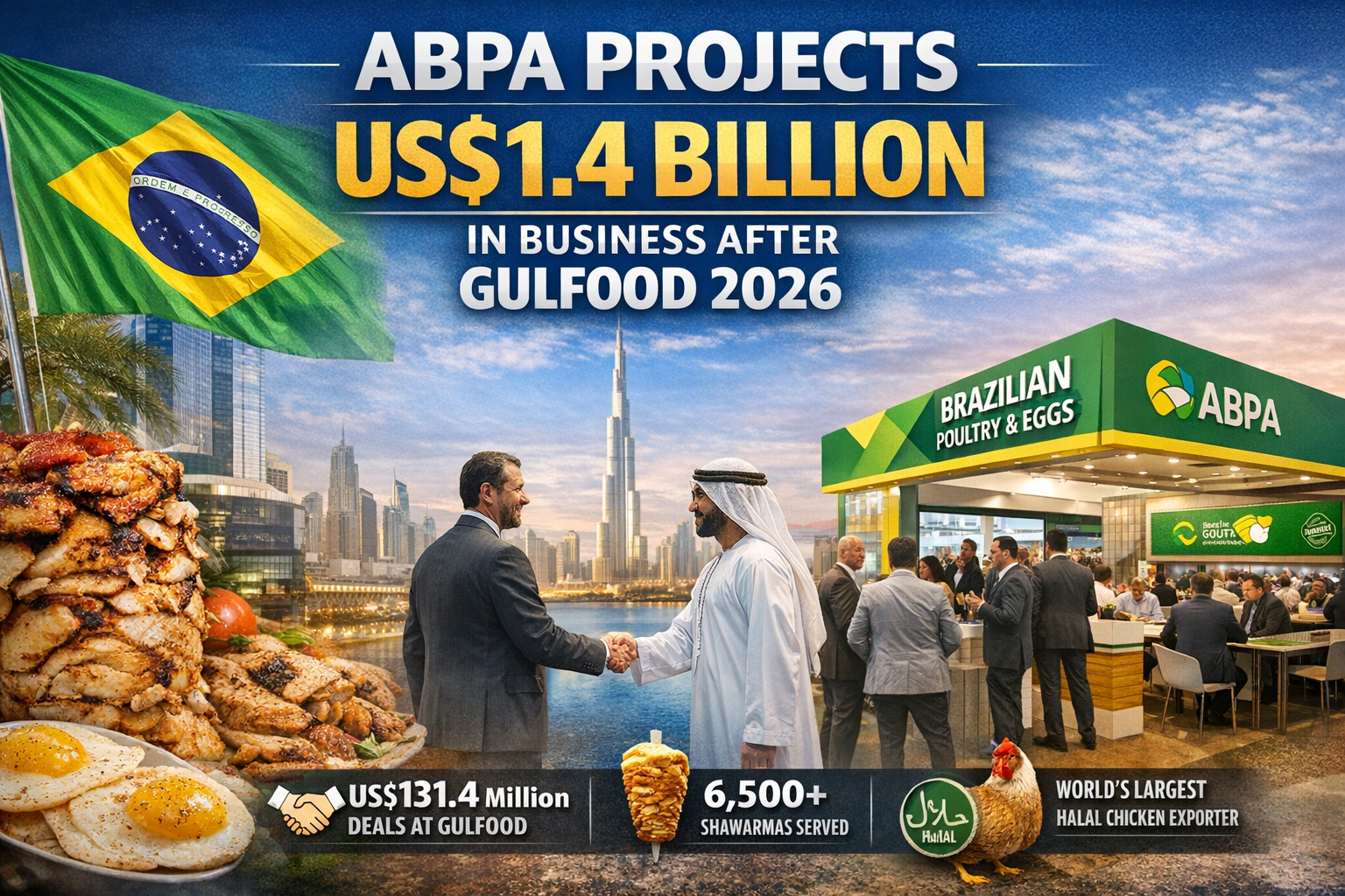 Brazilian Animal Protein exporters at Gulfood 2026 pavilion in Dubai showcasing poultry and egg products, with projected US$1.4 billion business.