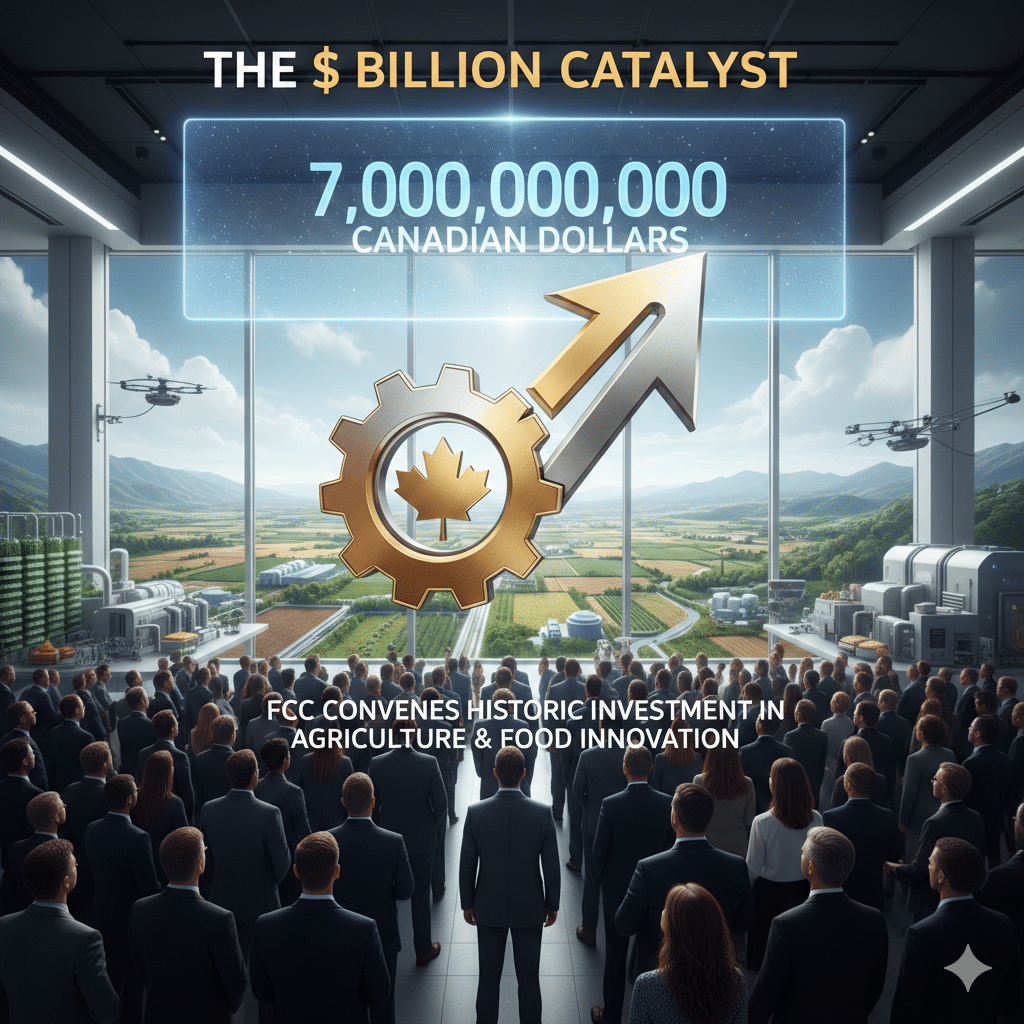 A futuristic digital display showing $7 billion investment in Canadian agriculture, featuring a golden maple leaf gear, drones over a farm, and a professional audience.
