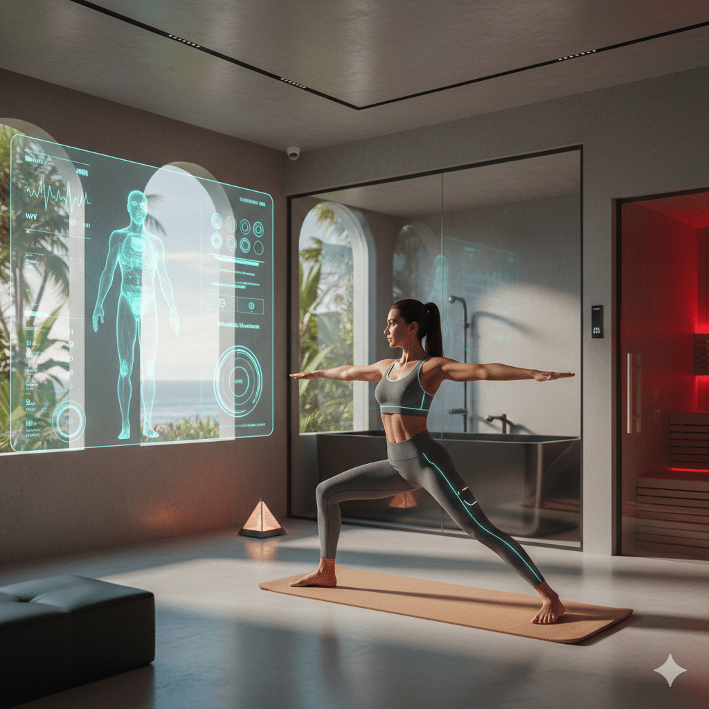 A woman in high-tech yoga gear practicing in a luxury home gym with a holographic AI digital twin and bio-data display, highlighting 2026 longevity fitness trends.
