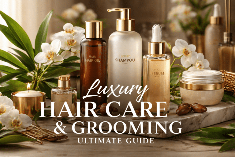 Luxury hair care and grooming products including hair oils, serums, shampoos, masks, and high-end styling tools arranged elegantly with gold accents and natural elements