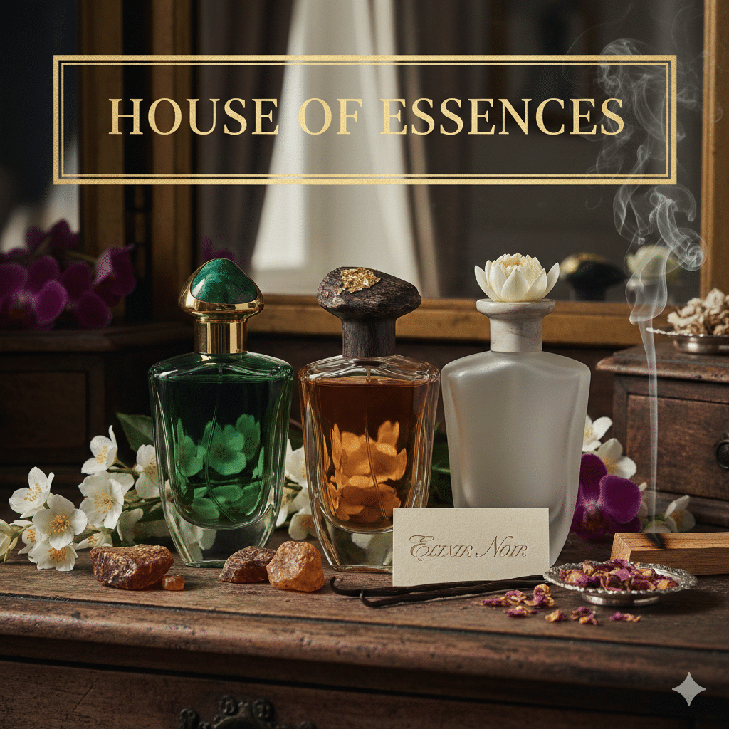 Three luxury niche perfume bottles on a vintage wooden vanity with jasmine flowers, amber stones, and vanilla beans.