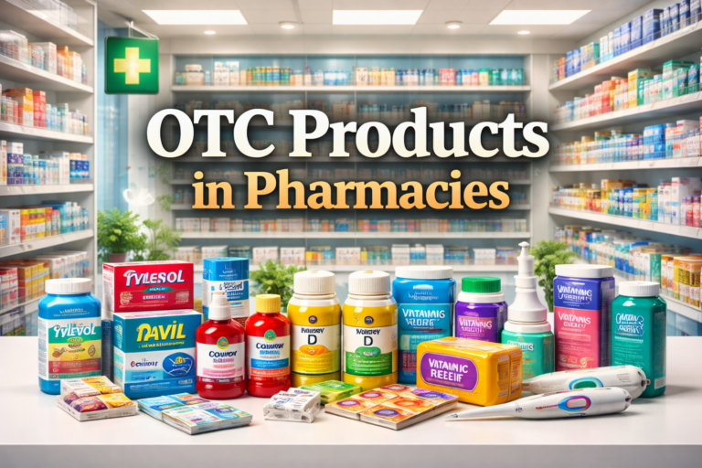 Various OTC products including pain relief, cold & flu remedies, digestive aids, vitamins, and skincare displayed neatly on a pharmacy shelf.