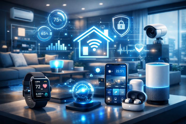 Smart home, wearable devices, and personal electronics ecosystem showing connected technology, AI data overlays, and futuristic home automation