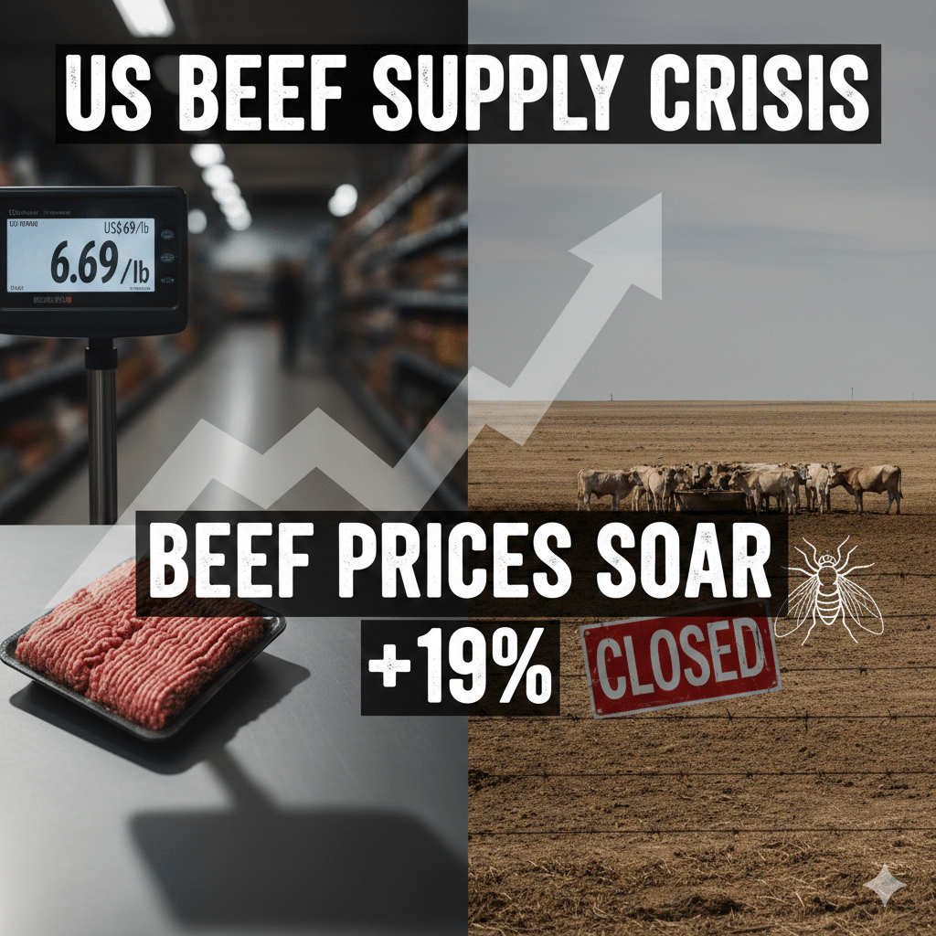 Split-screen showing a package of ground beef at $6.69 per pound and a dry cattle ranch with a 'closed' sign, illustrating the 2026 US beef supply crisis.