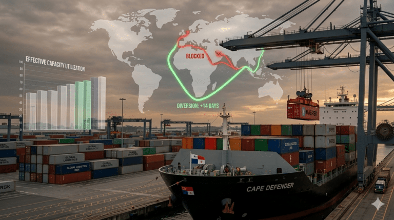 Infographic overlay on a container port showing the blocked Suez Canal route in red and the 14-day diversion around the Cape of Good Hope in green, with a bar chart showing effective vessel capacity utilization in 2026.