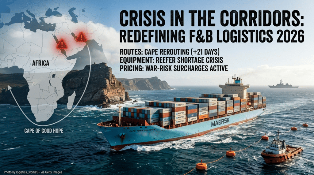 Infographic showing the 2026 global shipping crisis, illustrating container ship rerouting around the Cape of Good Hope due to Red Sea conflict, with text highlighting reefer shortages and war-risk surcharges.