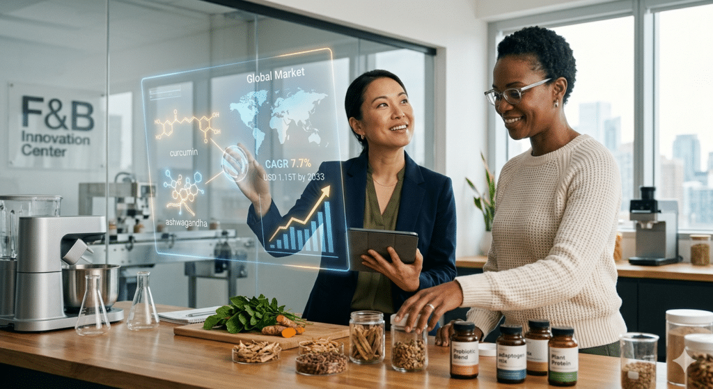 Two food and beverage professionals in a modern R&D innovation center analyzing a futuristic holographic display showing the global nutraceutical market growth to USD 1.15 trillion by 2033, featuring molecular structures for ashwagandha and curcumin alongside jars of plant proteins and probiotics.