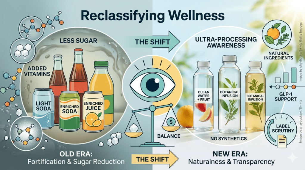 Infographic comparing legacy soft drink trends like sugar reduction and fortification against 2026 wellness drivers including ultra-processing awareness, GLP-1 support, and ingredient transparency.