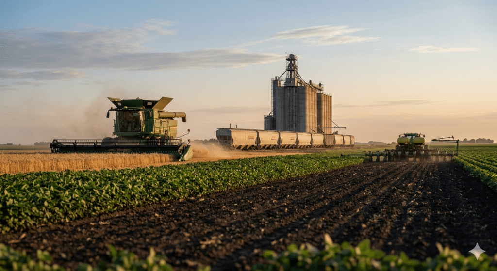 Modern farm equipment harvesting grain crops near a grain elevator and rail transport in the Midwest 2026.