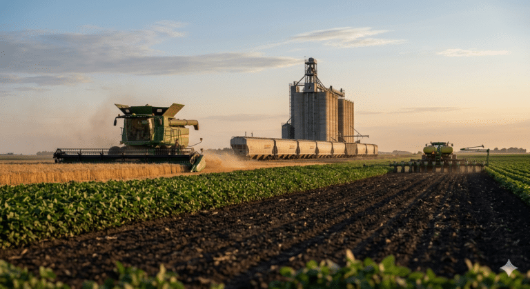Modern farm equipment harvesting grain crops near a grain elevator and rail transport in the Midwest 2026.
