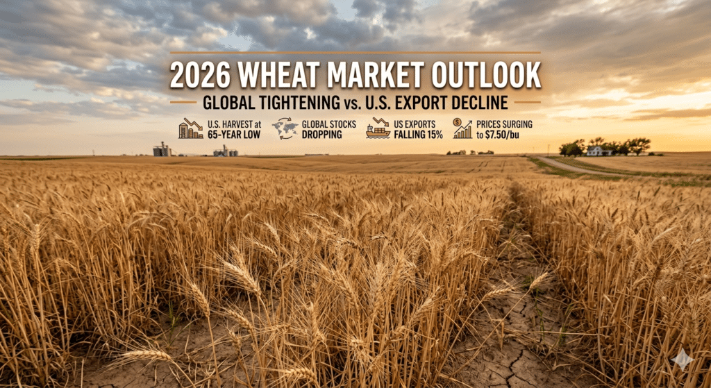 Wide shot of golden, mature wheat field in rural landscape with 2026 Wheat Market Outlook infographic overlay showing data on U.S. harvest lows, dropping global stocks, and surging prices, all under a cloudy, warm sunset sky.