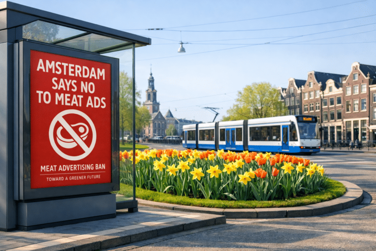A high-definition image of an Amsterdam tram stop featuring a bold “Amsterdam Says No to Meat Ads” poster. Captures the city’s sustainability movement with vibrant tulips, electric tram, and historic architecture under crisp morning light.