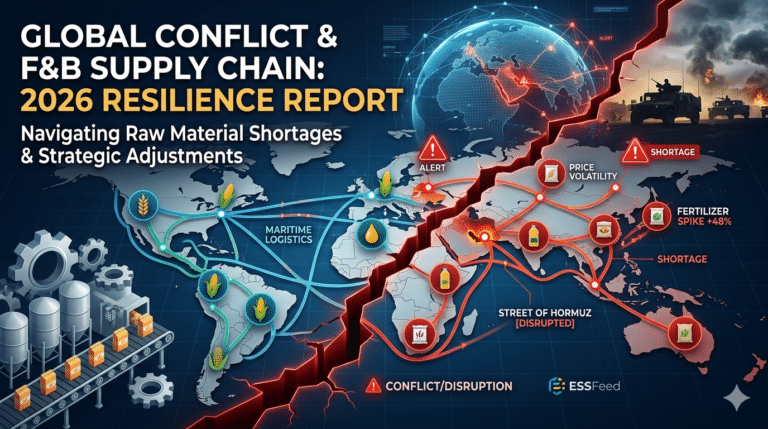 Infographic showing 2026 global conflict impact on food and beverage supply chains and raw material shortages.