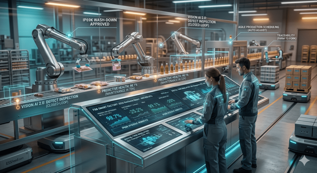 Realistic 2026 food factory showing IP69K hygienic robotic arms, Vision AI 2.0 defect inspection, and a digital twin control tower managing Mother KPIs.