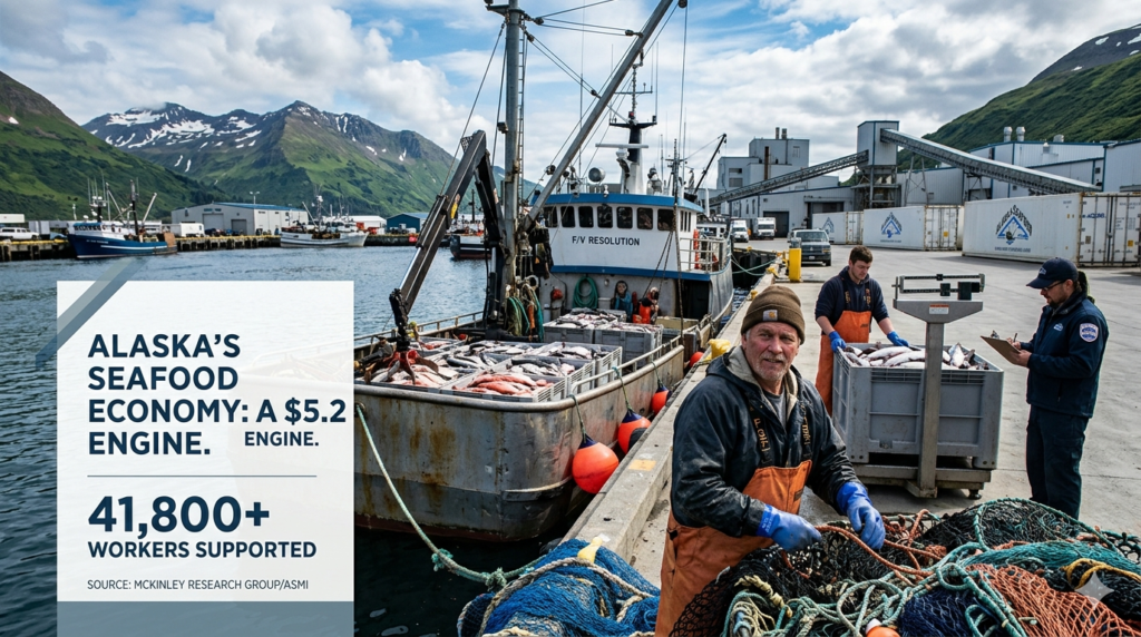 Commercial fishing boat unloading salmon and pollock at an Alaska port, illustrating the $5.2 billion Alaska seafood industry economic impact.