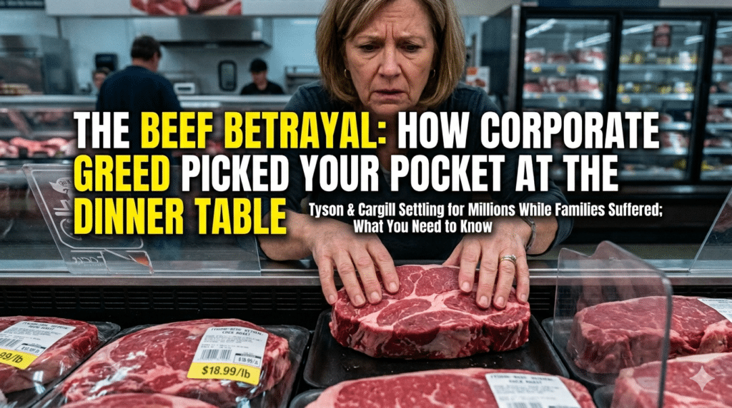 A concerned woman in a supermarket meat aisle examines a steak. Text overlay reads 'THE BEEF BETRAYAL: HOW CORPORATE GREED PICKED YOUR POCKET AT THE DINNER TABLE. Tyson & Cargill Settling for Millions While Families Suffered.