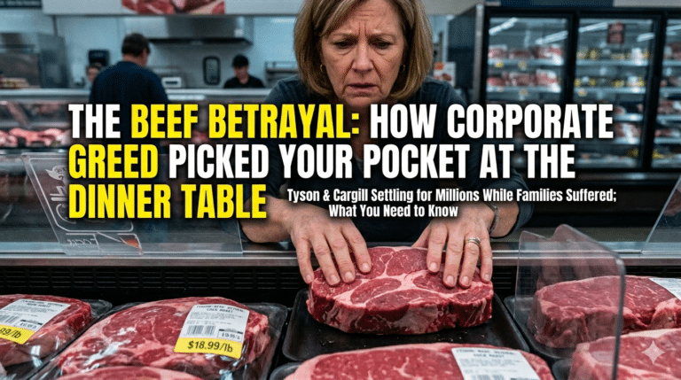 A concerned woman in a supermarket meat aisle examines a steak. Text overlay reads 'THE BEEF BETRAYAL: HOW CORPORATE GREED PICKED YOUR POCKET AT THE DINNER TABLE. Tyson & Cargill Settling for Millions While Families Suffered.