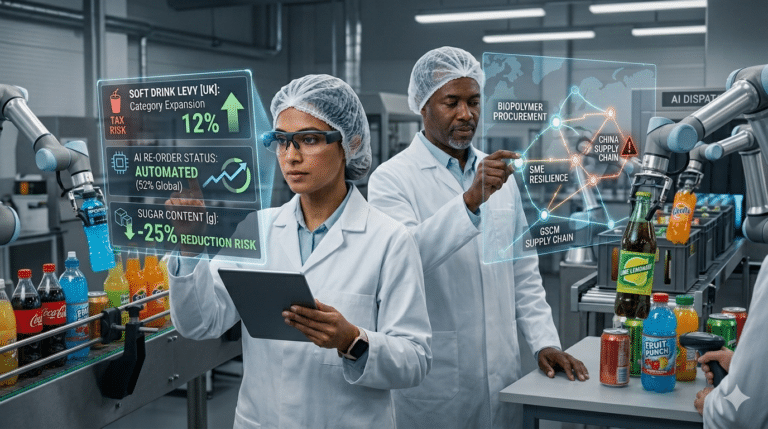 F&B professionals in a digital production facility analyzing 2026 beverage trends, sugar levies, and AI-driven supply chain data.
