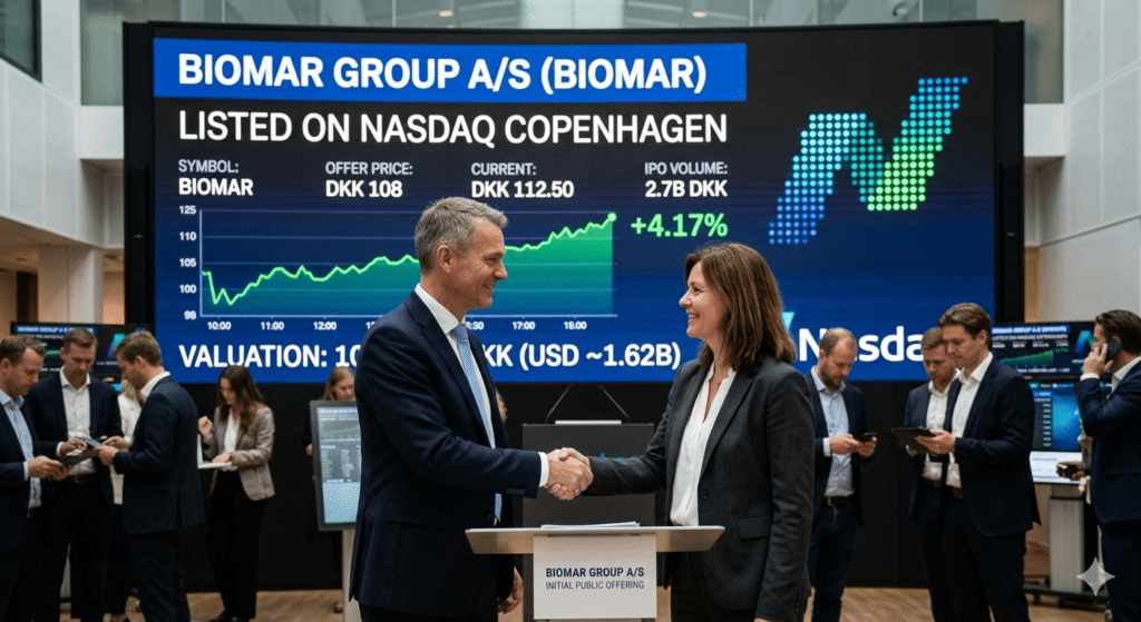 Executives shaking hands in front of a digital Nasdaq Copenhagen screen displaying BioMar Group A/S IPO data, stock ticker, and market valuation on listing day.