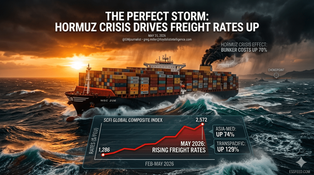 Infographic showing the impact of the 2026 Hormuz crisis on container shipping rates, with bunker fuel costs up 70% and a chart displaying the rise in the SCFI global composite index from February to May 2026.