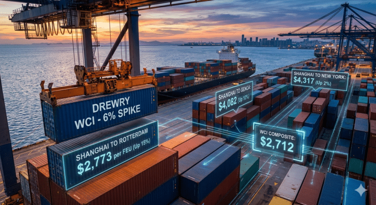 A high-resolution drone view of a container terminal at sunset, featuring a crane lifting a blue container with digital overlays showing a 6% WCI spike, a 15% increase on Shanghai to Rotterdam rates, and a composite index of $2,712.
