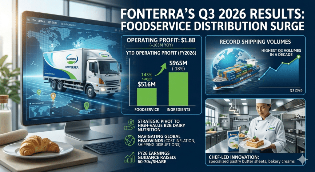 Infographic displaying Fonterra’s Q3 2026 financial results, highlighting a 143% surge in foodservice operating profit, record shipping volumes, and the company's shift toward chef-led innovation in high-value B2B dairy markets.
