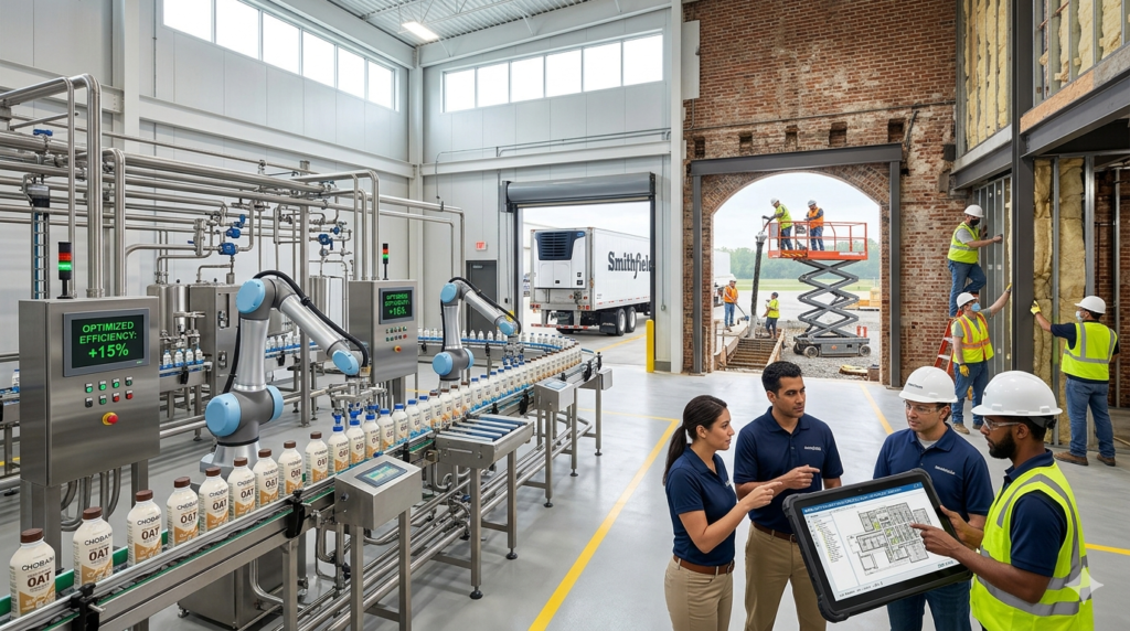 A modern food and beverage production facility undergoing strategic renovation with automated robotic packaging lines and a team reviewing digital blueprints.