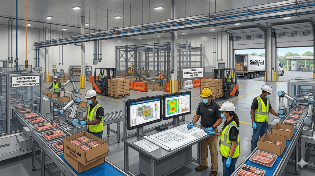 A detailed illustration of a Smithfield Foods processing plant showing an active renovation site, automated robotic packaging lines, and engineers reviewing facility expansion blueprints.