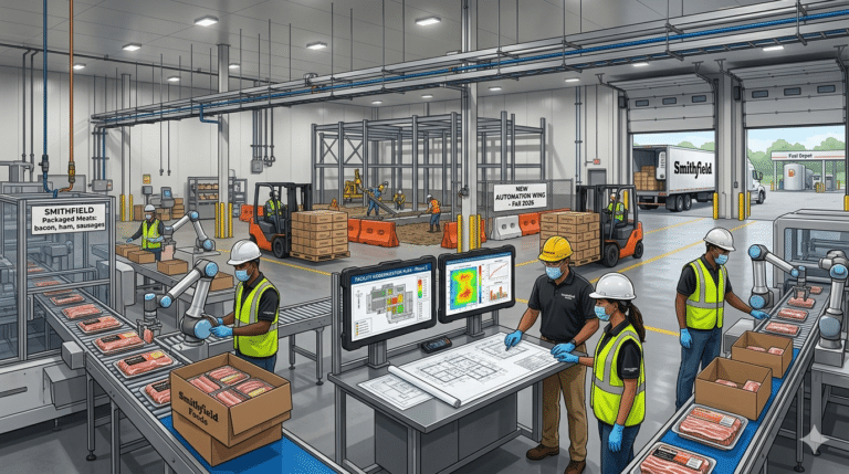 A detailed illustration of a Smithfield Foods processing plant showing an active renovation site, automated robotic packaging lines, and engineers reviewing facility expansion blueprints.