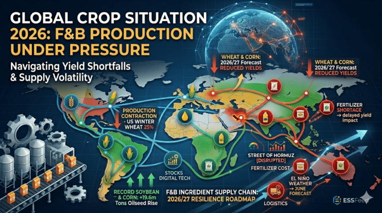 Detailed analytical infographic showing global crop production, fertilizer shortages, and F&B supply chain resilience roadmap for 2026/27.