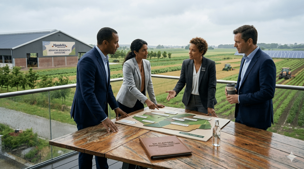 A group of business professionals on a balcony overlooking a sustainable farm, discussing a map of crop rotations. A Mondelez-branded facility is visible in the background, with a Carlsberg bottle and Diageo-branded items on the table, representing global industry alignment on regenerative agriculture.