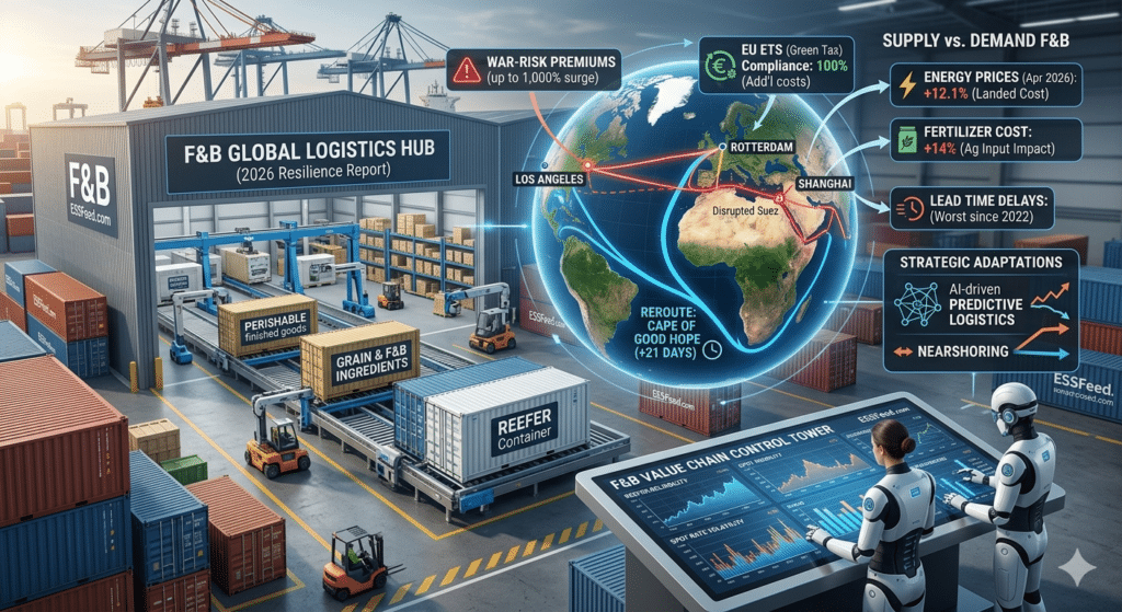 Infographic-style featured image showing 2026 global supply chain trends, including the Cape of Good Hope reroute, F&B logistics hubs, and AI-driven predictive control towers.