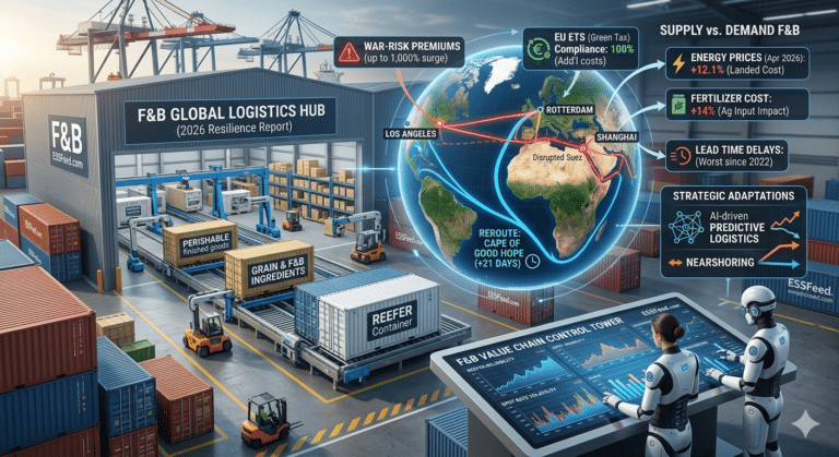 Infographic-style featured image showing 2026 global supply chain trends, including the Cape of Good Hope reroute, F&B logistics hubs, and AI-driven predictive control towers.