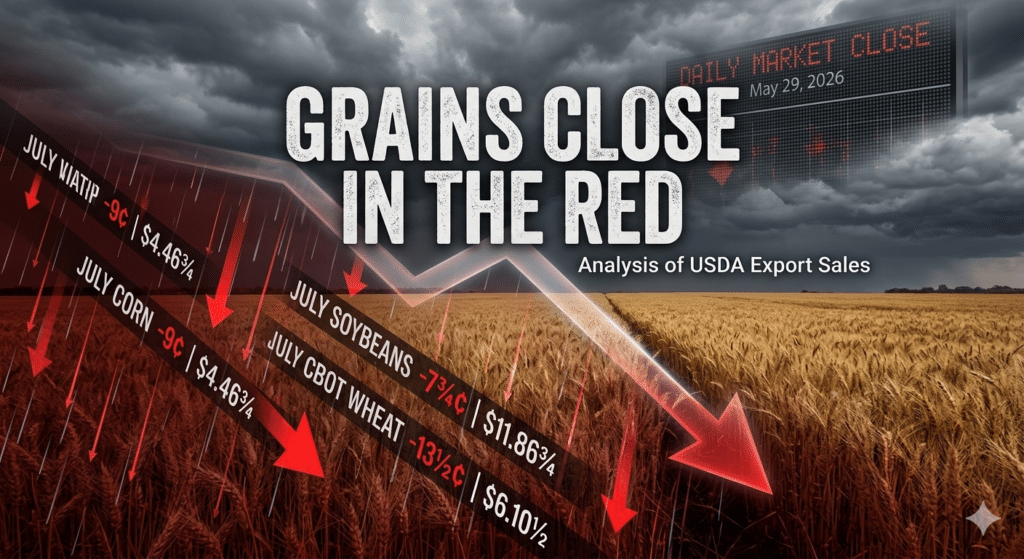 Digital graphic of a grain field under stormy skies with large white text overlay "GRAINS CLOSE IN THE RED," a prominent red downward trend arrow, and a digital board showing "DAILY MARKET CLOSE May 29, 2026," visually summarizing a bearish trading day based on USDA export sales analysis.