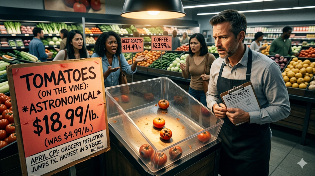 A shocked grocery manager looking at a BLS CPI report next to an empty tomato bin with high price tags, illustrating that grocery inflation hit its highest level since 2023.