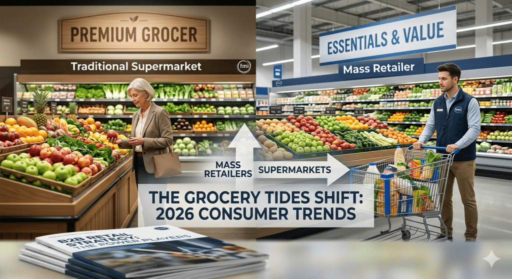 Split-screen comparison of a premium traditional grocery store versus a mass retailer, illustrating the 2026 shift in consumer grocery spending trends.