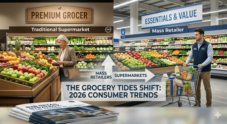Split-screen comparison of a premium traditional grocery store versus a mass retailer, illustrating the 2026 shift in consumer grocery spending trends.