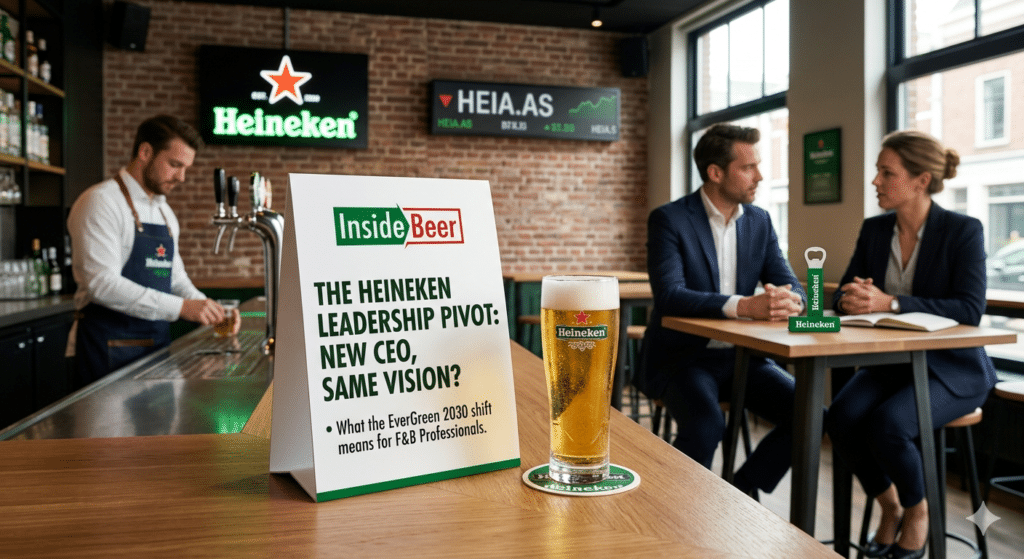 A professional scene inside a bar with a pint of Heineken beer on a wooden bar counter in the foreground. On the counter sits a promotional sign for 'Inside Beer' titled 'The Heineken Leadership Pivot: New CEO, Same Vision?' with Heineken branding and a stock market screen in the background.