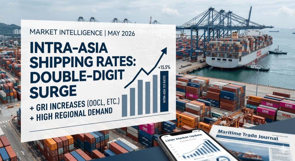 Market intelligence chart showing a 15.5% surge in intra-Asia container shipping rates for May 2026, highlighting the GRI and high regional demand.